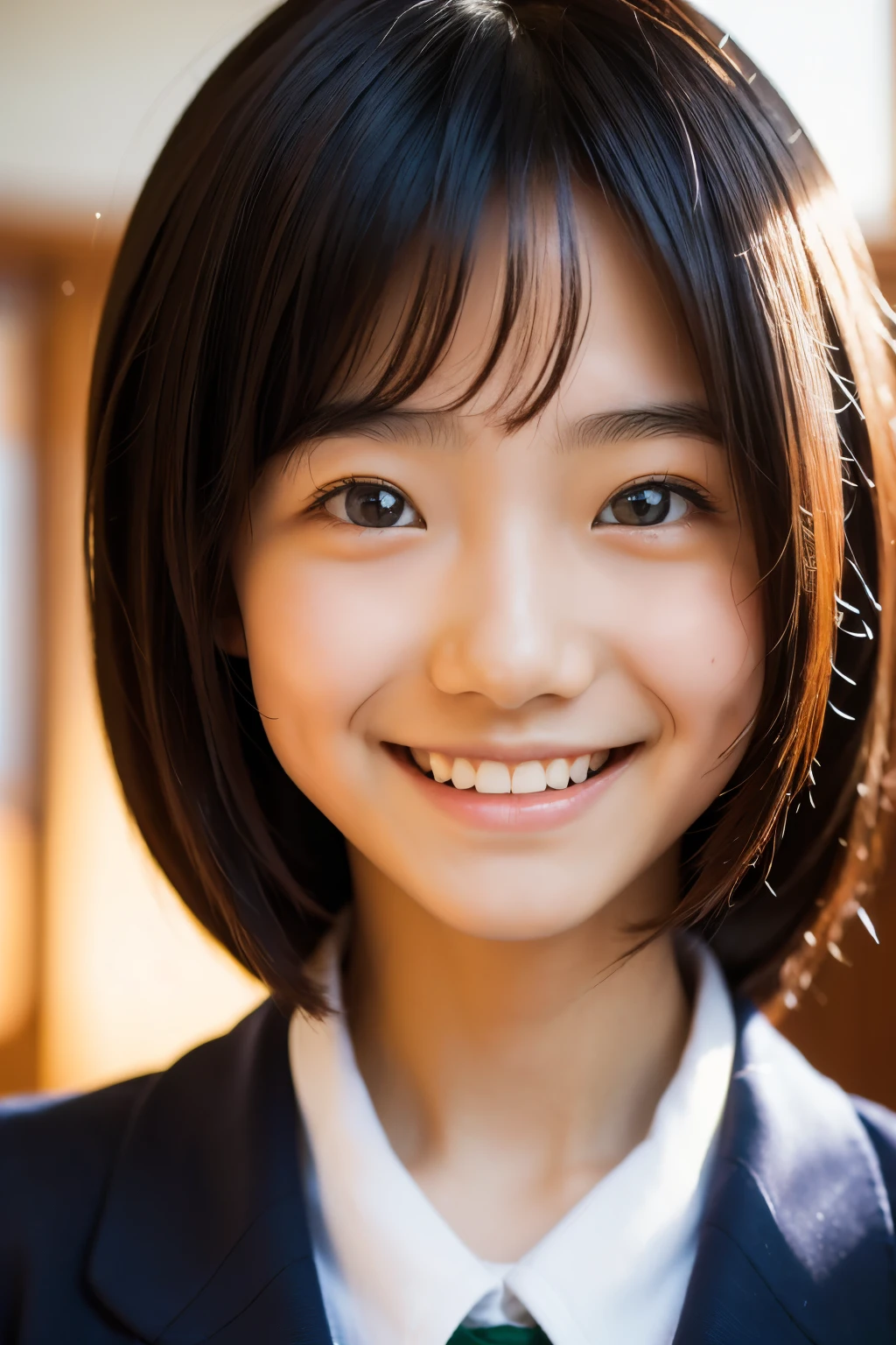 lens: 135mm f1.8, (highest quality),(RAW Photos), (Tabletop:1.1), (Beautiful 16 year old Japanese girl), Cute face, (Deeply chiseled face:0.7), (freckles:0.4), dappled sunlight, Dramatic lighting, (Japanese School Uniform), (In the classroom), shy, (Close-up shot:1.2), (smile),, (Sparkling eyes)、(sunlight)