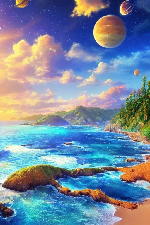 8k hiper-realista, ultra detalhado, (Ilustração digital de melhor qualidade, obra-prima do planeta Terra no espaço sideral), ((nenhum homem)) (Linda ilustração do planeta Terra), (Linda praia), (areia dourada), ((Ondas ao longe)), (Sol brilhante), (Hiperdetalhe, câmera dinâmica), (ângulo amplo), (Iluminação Celestial), (Cores vivas e saturação), (tendências no artstation), (poças de maré)
