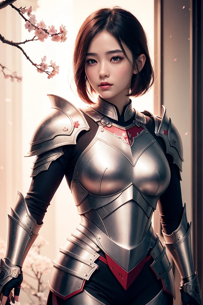 Beautiful Japan young woman, Wearing armor, Thick symmetry features, Very short hair, Background with cherry blossoms, pink halo, Red lips, Octane Rendering,