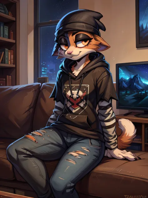 (best quality, masterpiece:1), solo, (shaded face:1.2), furry female anthro meowskulls, (noseless:1.1), sitting on couch, living room, tv, videogames, tail, medium breasts, bored, looking away, closed mouth, (mocking smile), (shivering:1.2), half-closed ey...