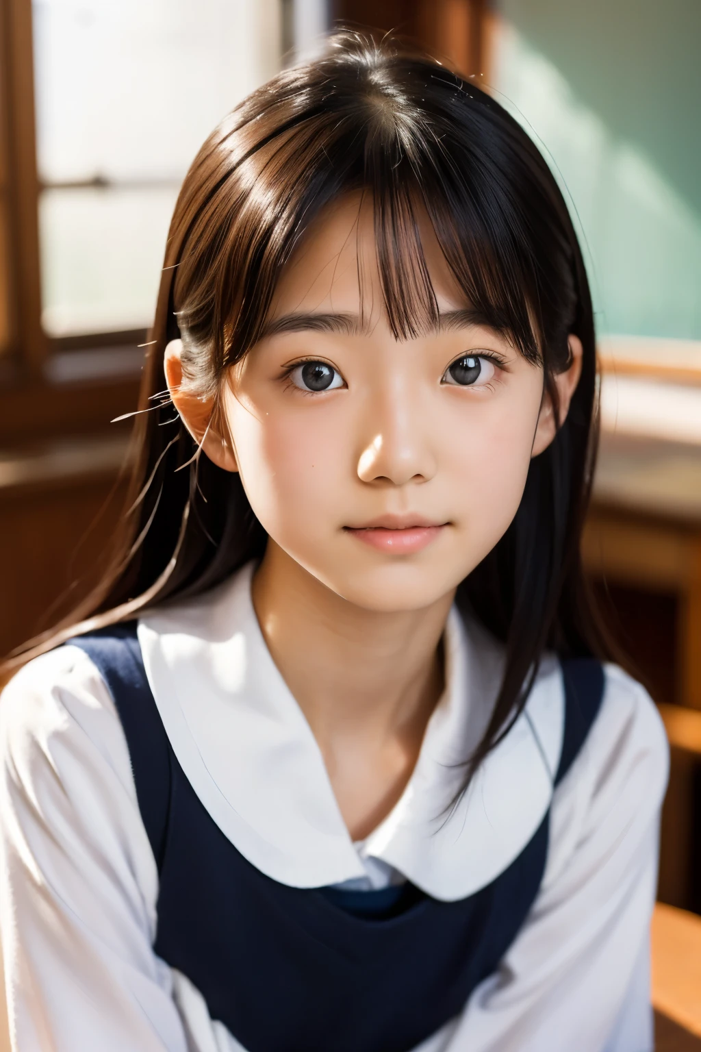 lens: 135mm f1.8, (highest quality),(RAW Photos), (Tabletop:1.1), (Beautiful 16 year old Japanese girl), Cute face, (Deeply chiseled face:0.7), (freckles:0.4), dappled sunlight, Dramatic lighting, (Japanese School Uniform), (In the classroom), shy, (Close-up shot:1.2), (Serious face),, (Sparkling eyes)、(sunlight)