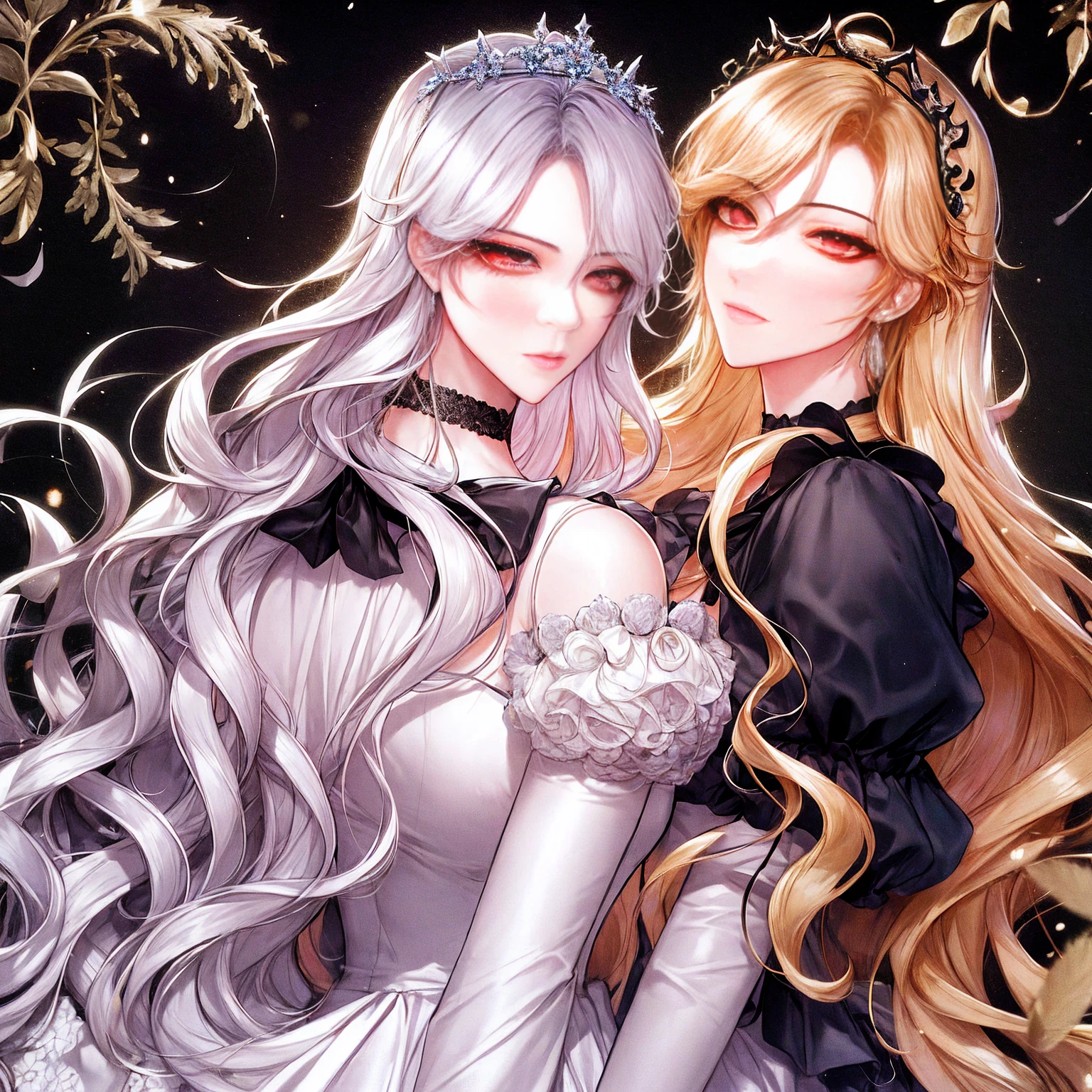 shoujo-style, (floral background), romance manhwa, (2girls, aligned), silver hair, blonde hair, solo, long hair, flower, dress, tiara, white dress, gloves, long sleeves, choker, green eyes, red eyes, mascara, makeup, white gloves, black bow, black flower, wavy hair, bow, jewelry, looking at viewer, white background, collarbone, puffy sleeves, silver accessories, upper body, parted bangs, very long hair, blue dress, frills, bangs, closed mouth, detailed eyes, (close up), gleaming skin, shiny glossy skin