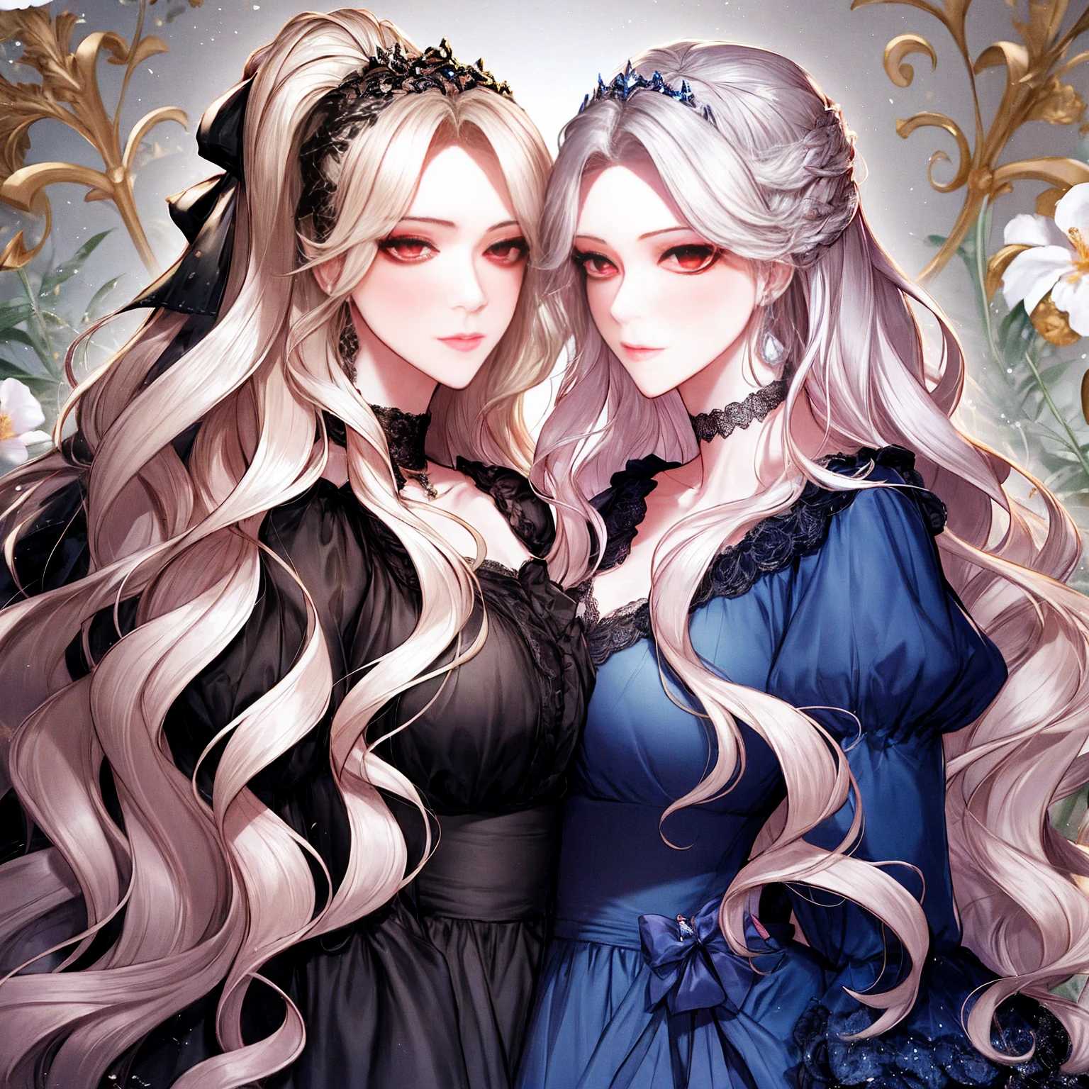 shoujo-style, (floral background), romance manhwa, (2girls, aligned), silver hair, blonde hair, solo, long hair, flower, dress, tiara, white dress, gloves, long sleeves, choker, green eyes, red eyes, mascara, makeup, white gloves, black bow, black flower, wavy hair, bow, jewelry, looking at viewer, white background, collarbone, puffy sleeves, silver accessories, upper body, parted bangs, very long hair, blue dress, frills, bangs, closed mouth, detailed eyes, (close up), gleaming skin, shiny glossy skin