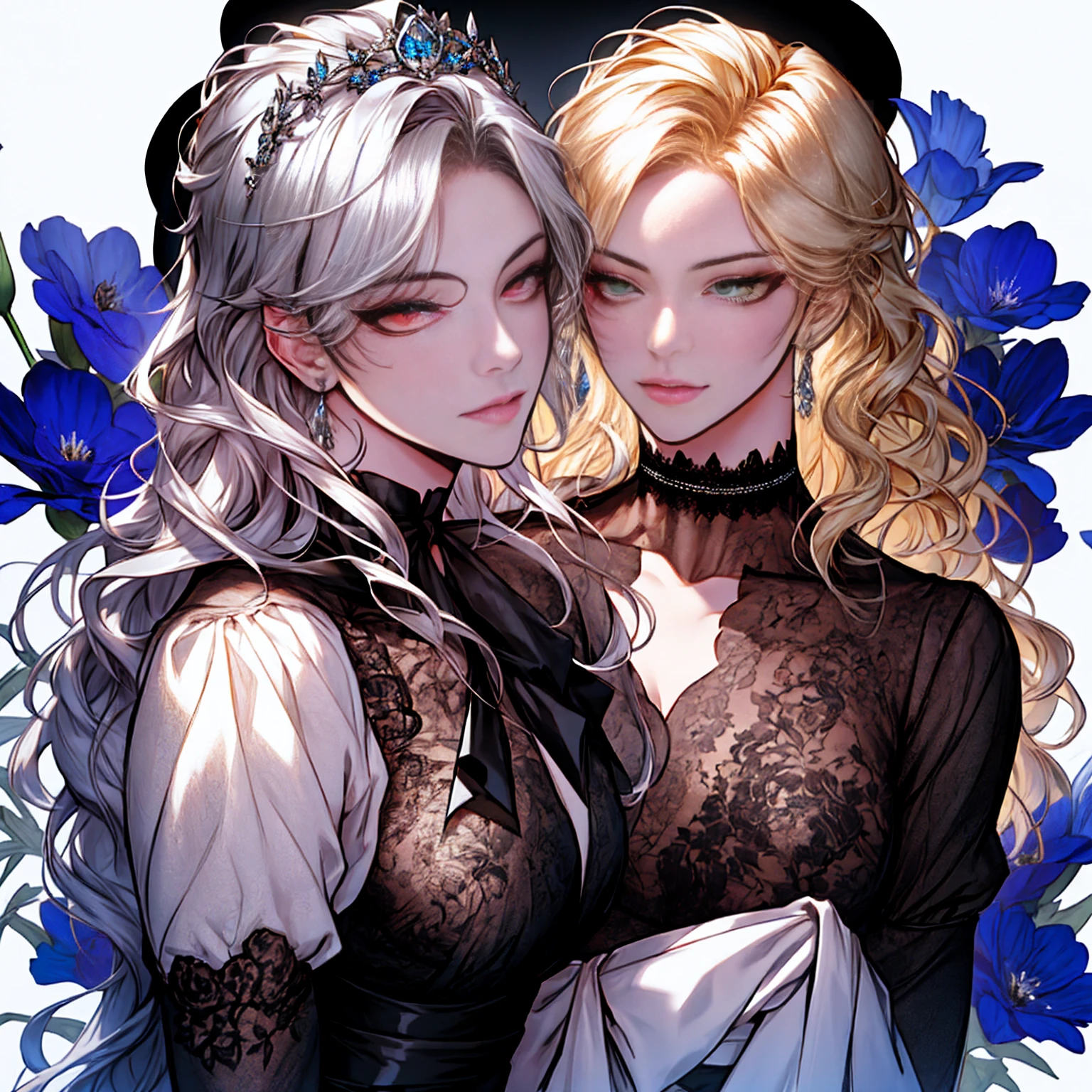 shoujo-style, (floral background), romance manhwa, (2girls, aligned), silver hair, blonde hair, solo, long hair, flower, dress, tiara, white dress, gloves, long sleeves, choker, green eyes, red eyes, mascara, makeup, white gloves, black bow, black flower, wavy hair, bow, jewelry, looking at viewer, white background, collarbone, puffy sleeves, silver accessories, upper body, parted bangs, very long hair, blue dress, frills, bangs, closed mouth, detailed eyes, (close up), gleaming skin, shiny glossy skin