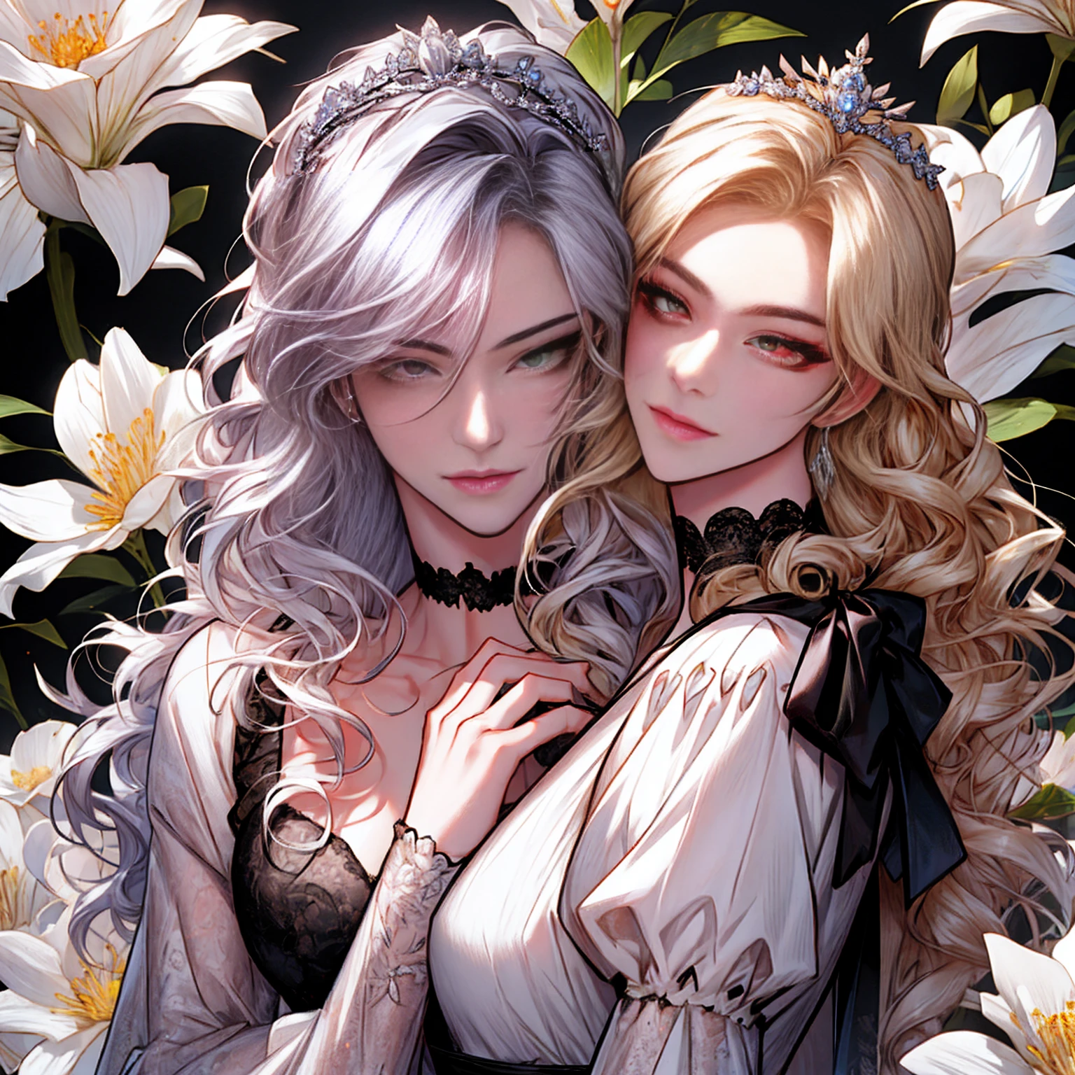 shoujo-style, (floral background), romance manhwa, (2girls, aligned), silver hair, blonde hair, solo, long hair, flower, dress, tiara, white dress, gloves, long sleeves, choker, green eyes, red eyes, mascara, makeup, white gloves, black bow, black flower, wavy hair, bow, jewelry, looking at viewer, white background, collarbone, puffy sleeves, silver accessories, upper body, parted bangs, very long hair, blue dress, frills, bangs, closed mouth, detailed eyes, (close up), gleaming skin, shiny glossy skin