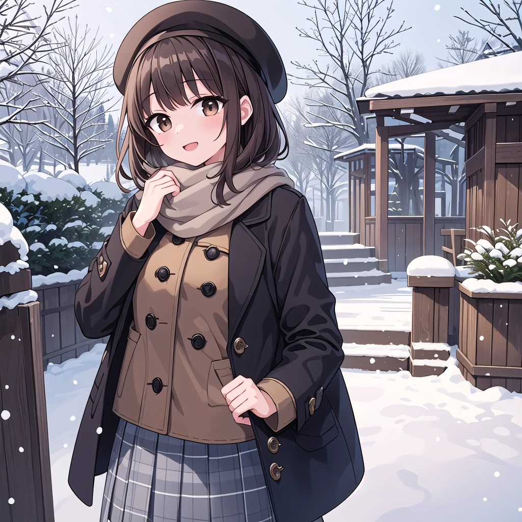 Solo Girl, 20-year-old,Medium Hair, Dark brown hair, Brown eyes, Mid-chest, Happy,pea coat,beret,Fluffy scarf,Maxi Skirt ,Outdoor, winter,snow, highest quality, High resolution, Very detailed, Detailed Background, Perfect lighting