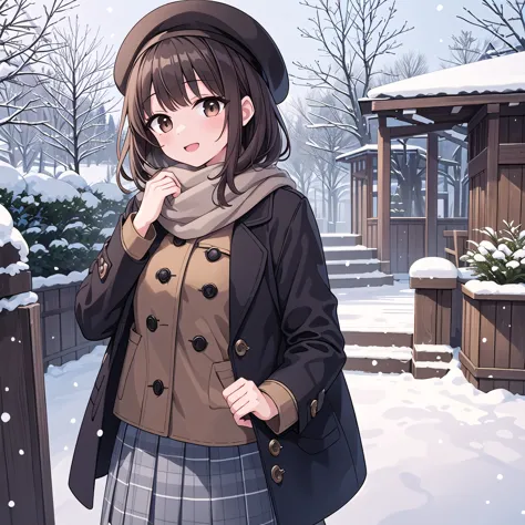 solo girl, 20-year-old,medium hair, dark brown hair, brown eyes, mid-chest, happy,pea coat,beret,fluffy scarf,maxi skirt ,outdoo...