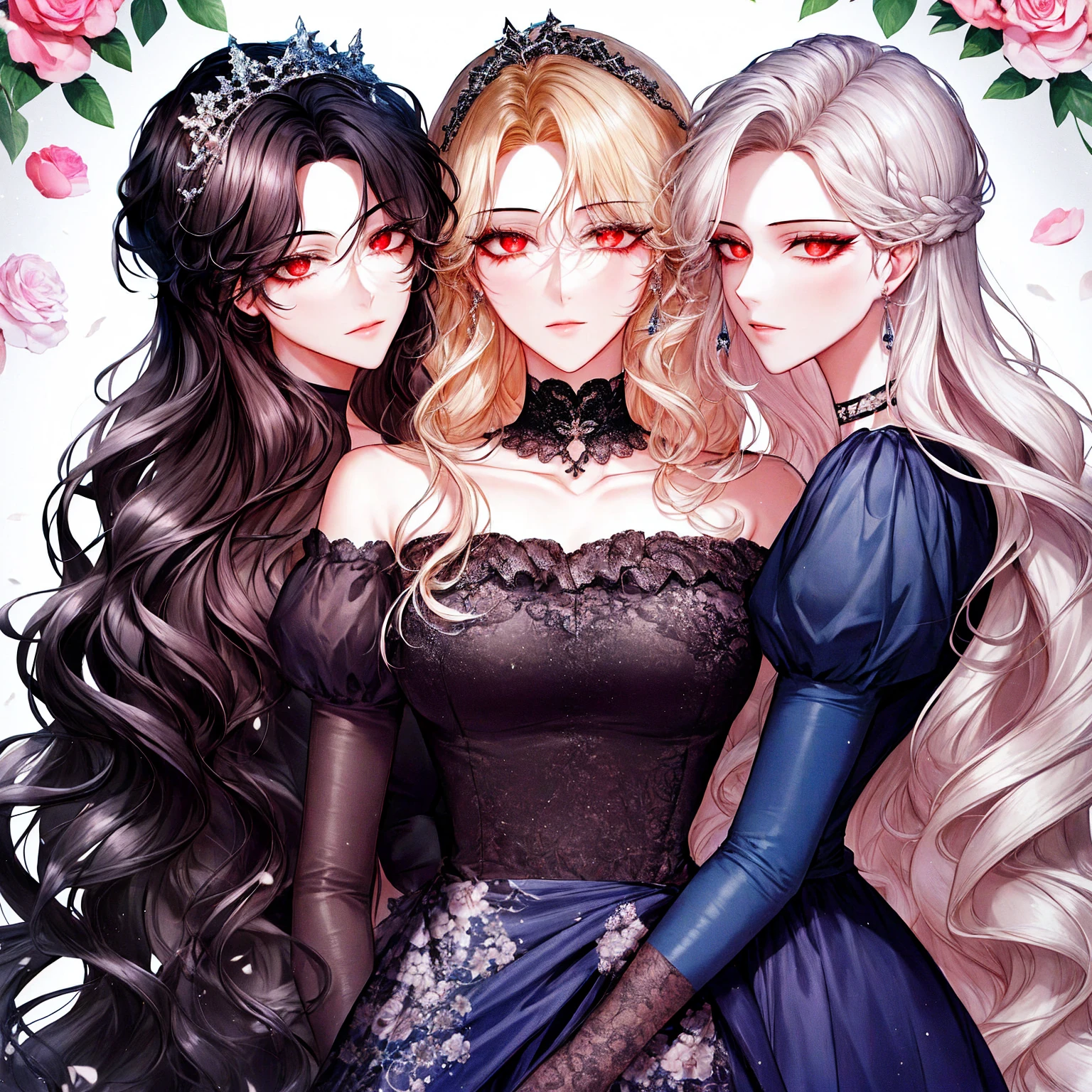 shoujo-style, (floral background), romance manhwa, (2girls, aligned), silver hair, blonde hair, solo, long hair, flower, dress, tiara, white dress, gloves, long sleeves, choker, green eyes, red eyes, mascara, makeup, white gloves, black bow, black flower, wavy hair, bow, jewelry, looking at viewer, white background, collarbone, puffy sleeves, silver accessories, upper body, parted bangs, very long hair, blue dress, frills, bangs, closed mouth, detailed eyes, (close up), gleaming skin, shiny glossy skin