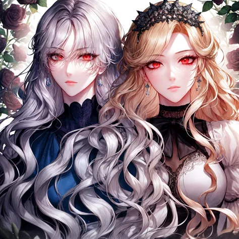 shoujo-style, (floral background), romance manhwa, (2girls, aligned), silver hair, blonde hair, solo, long hair, flower, dress, ...