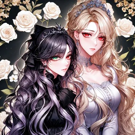 shoujo-style, (floral background), romance manhwa, (2girls, aligned), silver hair, blonde hair, solo, long hair, flower, dress, ...
