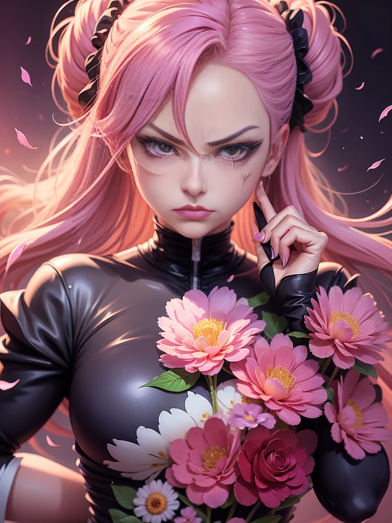 drawing of a woman with a flower on her face, anime styled, jojo anime style, detailed anime face, anime face, hisoka, highly detailed angry anime face, anime inspired, face anime portrait, angry look, stern look, pretty anime face, yayoi kasuma, anime style character, anime style portrait, portrait of hisoka hunter hunter