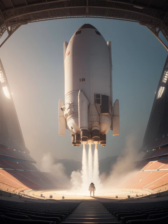 ((Meisterwerk, höchste Qualität, beste Bildqualität, Hohe Auflösung, realistisch, RAW-Fotos, 8k)),Hintergrund,Im Stadion bei den Olympischen Spielen, Ein Astronaut fliegt mit dem Rücken zu einem Stadion voller Zuschauer, Es nutzt den Raketenantrieb eines auf seinem Rücken montierten Boosterpacks, um durch die Luft zu fliegen.。riesiges Stadion, Ein Raumanzug, der im Sonnenlicht leuchtet, Astronaut schwebt in einem riesigen Leichtathletikstadion, ((Das Innere des Stadions wird zusätzlich durch einen Hitzeflimmereffekt dargestellt, der durch die Rakete verursacht wird.&#39;s Antriebswärme..))