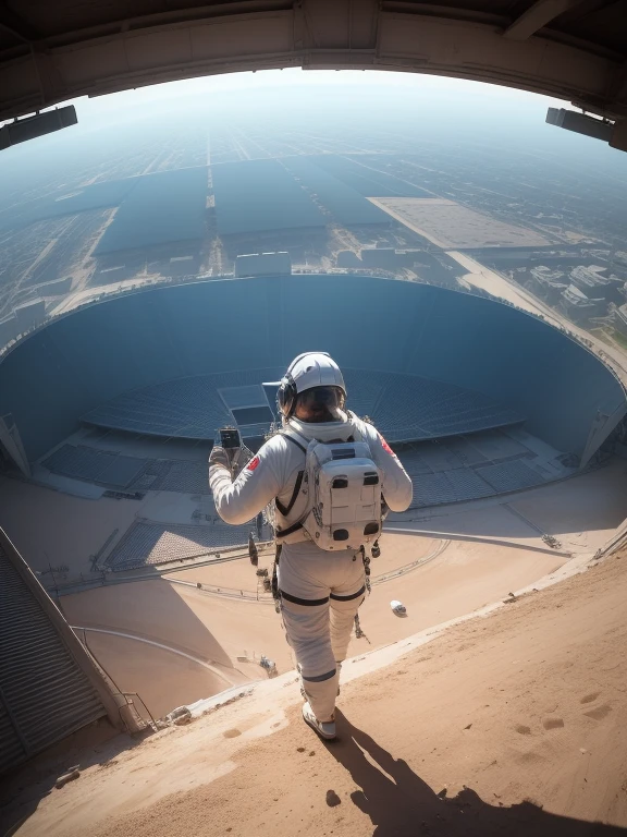 ((masterpiece, highest quality, Best image quality, High resolution, Realistic, RAW Photos, 8k)),background,Inside the stadium at the Olympic Games, An astronaut flying with his back to a stadium full of spectators, It uses rocket propulsion from a booster pack mounted on its back to fly through the air.。Huge stadium, A space suit that glows in the sunlight, Astronaut floating in a vast athletics stadium, ((The inside of the stadium is depicted with the addition of a heat haze effect caused by the rocket&#39;s propulsion heat..))