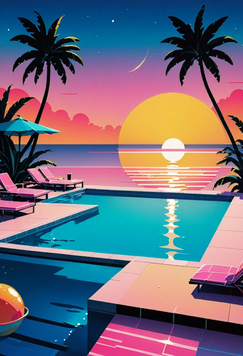 Create an artwork deeply immersed in the vaporwave aesthetic of the 80s, heavily influenced by Yoko Honda's vivid artistic style, adopting a minimalist approach. Picture a retro-futuristic beach and pool scene captured at sunset, illustrated in a 2D, flat perspective without any vanishing points. The sky above blazes with intense hues of orange, pink, and red—vibrant colors that reflect off the calm waters of the sea and pool, producing a visually captivating effect.

Around the pool, include neon-lit palm and coconut trees, rendered in a stylized, simple form to enhance the tropical and otherworldly ambiance with sparse but striking placements. Decorate the pool area with whimsical 80s-themed floaties, such as neon flamingos and unicorns, adding a playful and nostalgic touch. Additionally, integrate geometric neon lights that cast a surreal glow across the scene, providing minimal yet effective illumination.

The setting features a stylish, minimalist beachside bar visible behind large, flat glass windows. Inside, the bar should display pastel-colored walls and floors adorned with luxurious terrazzo and marble textures, achieved using Yoko Honda’s signature textured brushes to create a tactile and visually rich surface. Place chic 80s-style drinks and cocktails along the poolside to emphasize the leisure lifestyle of the decade.

This scene merges retro luxury with vibrant, warm color palettes in a minimalist, flat 2D composition, crafting a scene that is not only timeless but also distinctively reminiscent of the 80s and true to Yoko Honda’s style.