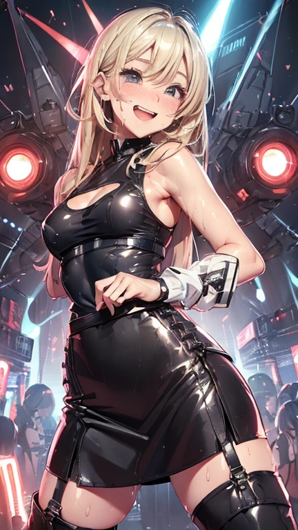 1 female,Blonde,Age 25,(((Blue shiny micro tight skirt)))((White tank top))(((blush、Laughing with your mouth open)),(((Straight hair))),(((Portraiture))),crowd,,(Wet with sweat)(Sexy black bra and see-through tank top)()(((Small breasts)))Leather thigh-high boots