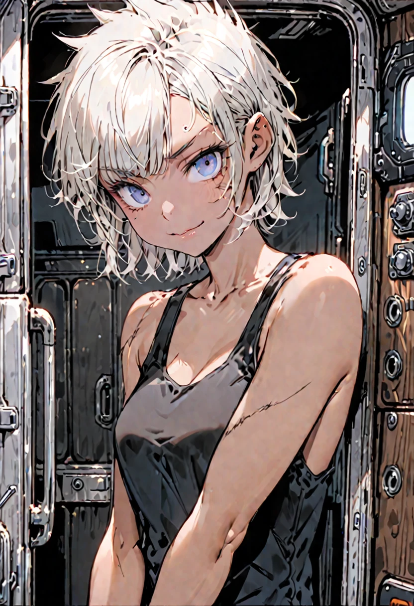 solo, female, sfw, medium shot, tall, blue eyes, short hair, spiky hair, platinum blonde hair, tanned skin, fit, black tank top, curious smile, raised eyebrow, pilot cabin, nose scar, leaning on object