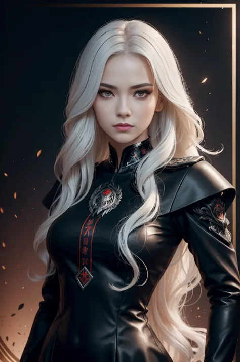 Portrait of a beautiful girl with wavy white hair, Wear a formal black dress with metallic parts, Red Eyes, Letter combination o...