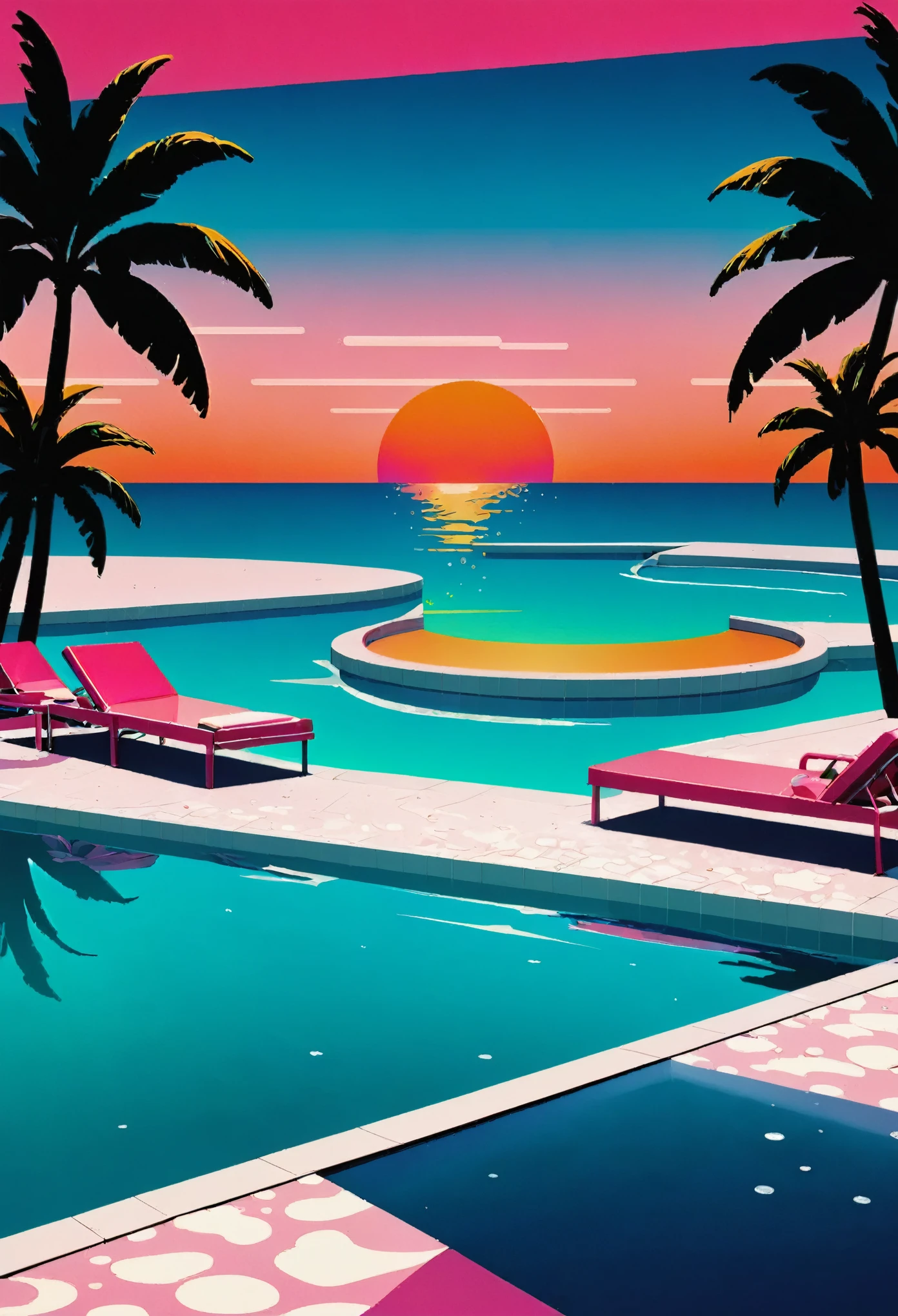 reate an artwork deeply immersed in the vaporwave aesthetic of the 80s, heavily influenced by Yoko Honda's vivid artistic style, adopting a minimalist approach. Picture a retro-futuristic beach and pool scene captured at sunset, illustrated in a 2D, flat perspective without any vanishing points. The sky above blazes with intense hues of orange, pink, and red—vibrant colors that reflect off the calm waters of the sea and pool, producing a visually captivating effect. Around the pool, include neon-lit palm and coconut trees, rendered in a stylized, simple form to enhance the tropical and otherworldly ambiance with sparse but striking placements. Decorate the pool area with whimsical 80s-themed floaties, such as neon flamingos and unicorns, adding a playful and nostalgic touch. Additionally, integrate geometric neon lights that cast a surreal glow across the scene, providing minimal yet effective illumination. The setting features a stylish, minimalist beachside bar visible behind large, flat glass windows. Inside, the bar should display pastel-colored walls and floors adorned with luxurious terrazzo and marble textures, achieved using Yoko Honda’s signature textured brushes to create a tactile and visually rich surface. Place chic 80s-style drinks and cocktails along the poolside to emphasize the leisure lifestyle of the decade. This scene merges retro luxury with vibrant, warm color palettes in a minimalist, flat 2D composition, crafting a scene that is not only timeless but also distinctively reminiscent of the 80s and true to Yoko Honda’s style.