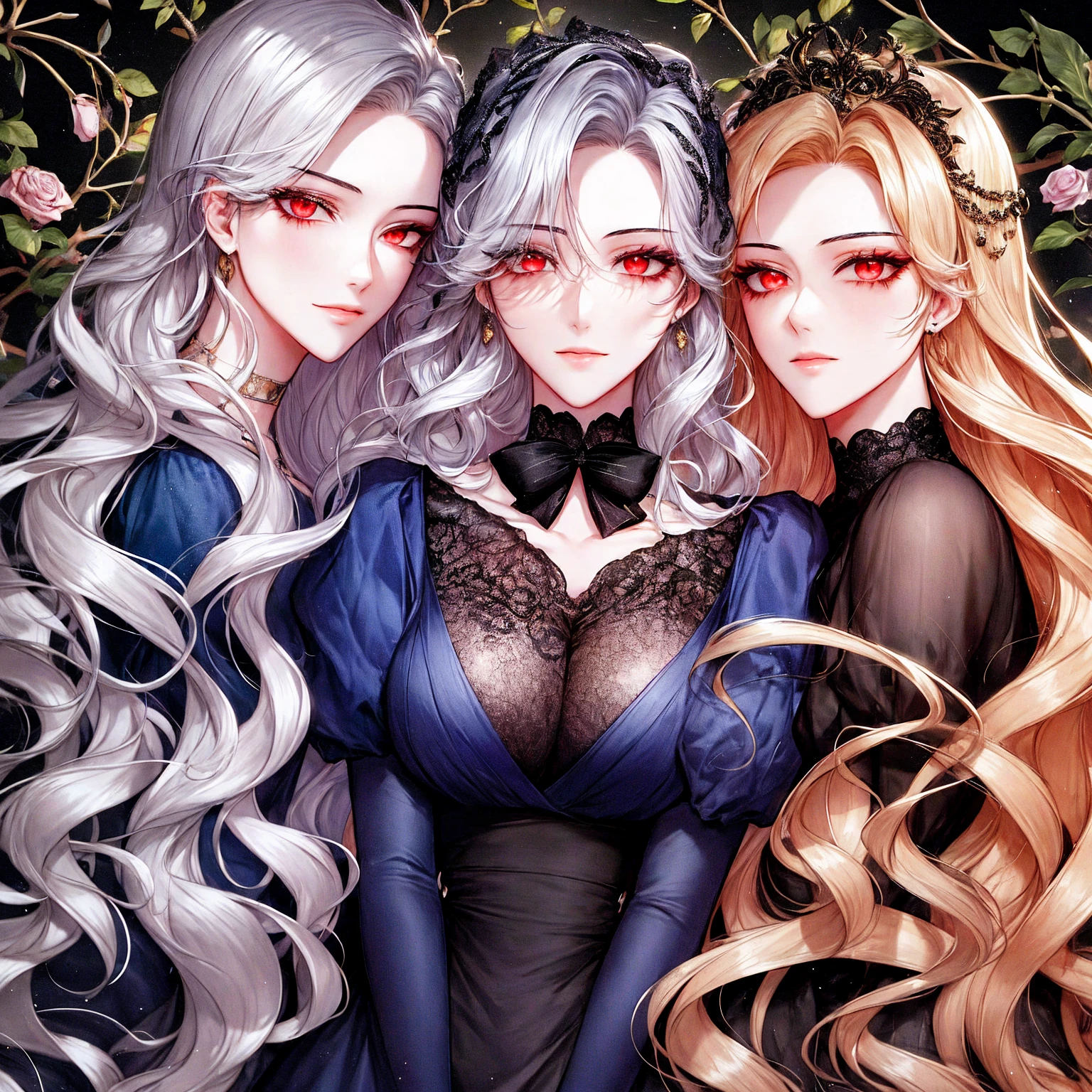 shoujo-style, (floral background), romance manhwa, (2girls, aligned), silver hair, blonde hair, solo, long hair, flower, dress, tiara, white dress, gloves, long sleeves, choker, green eyes, red eyes, mascara, makeup, white gloves, black bow, black flower, wavy hair, bow, jewelry, looking at viewer, white background, collarbone, puffy sleeves, silver accessories, upper body, parted bangs, very long hair, blue dress, frills, bangs, closed mouth, detailed eyes, (close up), gleaming skin, shiny glossy skin