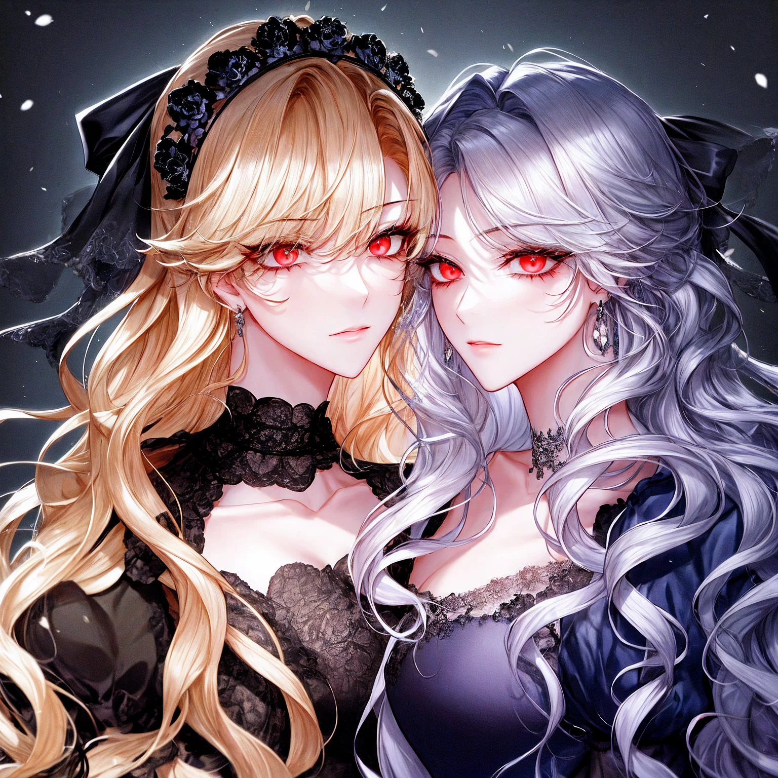 shoujo-style, (floral background), romance manhwa, (2girls, aligned), silver hair, blonde hair, solo, long hair, flower, dress, tiara, white dress, gloves, long sleeves, choker, green eyes, red eyes, mascara, makeup, white gloves, black bow, black flower, wavy hair, bow, jewelry, looking at viewer, white background, collarbone, puffy sleeves, silver accessories, upper body, parted bangs, very long hair, blue dress, frills, bangs, closed mouth, detailed eyes, (close up), gleaming skin, shiny glossy skin