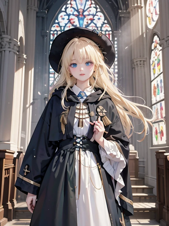 masterpiece, highest quality, Very detailed, 16k, Ultra-high resolution、Cowboy Shot, One 14-year-old girl, Detailed face, Perfect Fingers, blue eyes, Blonde, Braid, The figure of the wizard, Long pointed hat, Long black robe, temple, Cathedral, Have scriptures