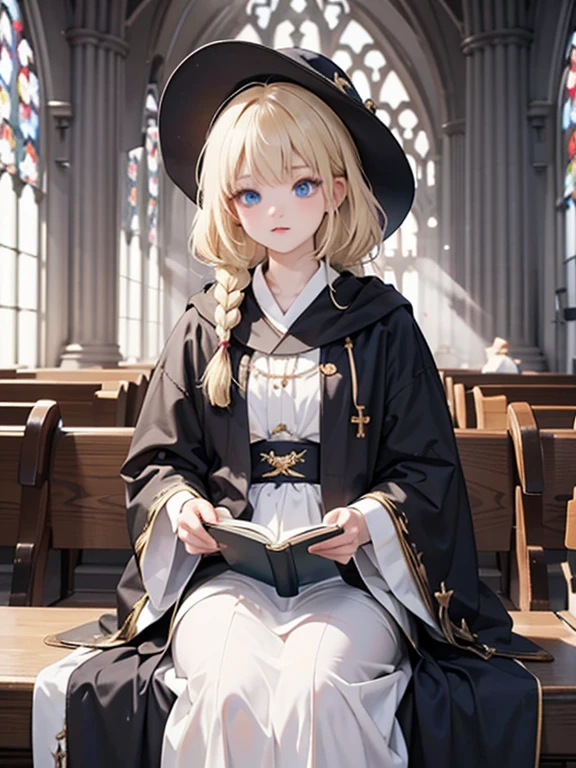 masterpiece, highest quality, Very detailed, 16k, Ultra-high resolution、Cowboy Shot, One 14-year-old girl, Detailed face, Perfect Fingers, blue eyes, Blonde, Braid, The figure of the wizard, Long pointed hat, Long black robe, temple, Cathedral, Have scriptures,sit