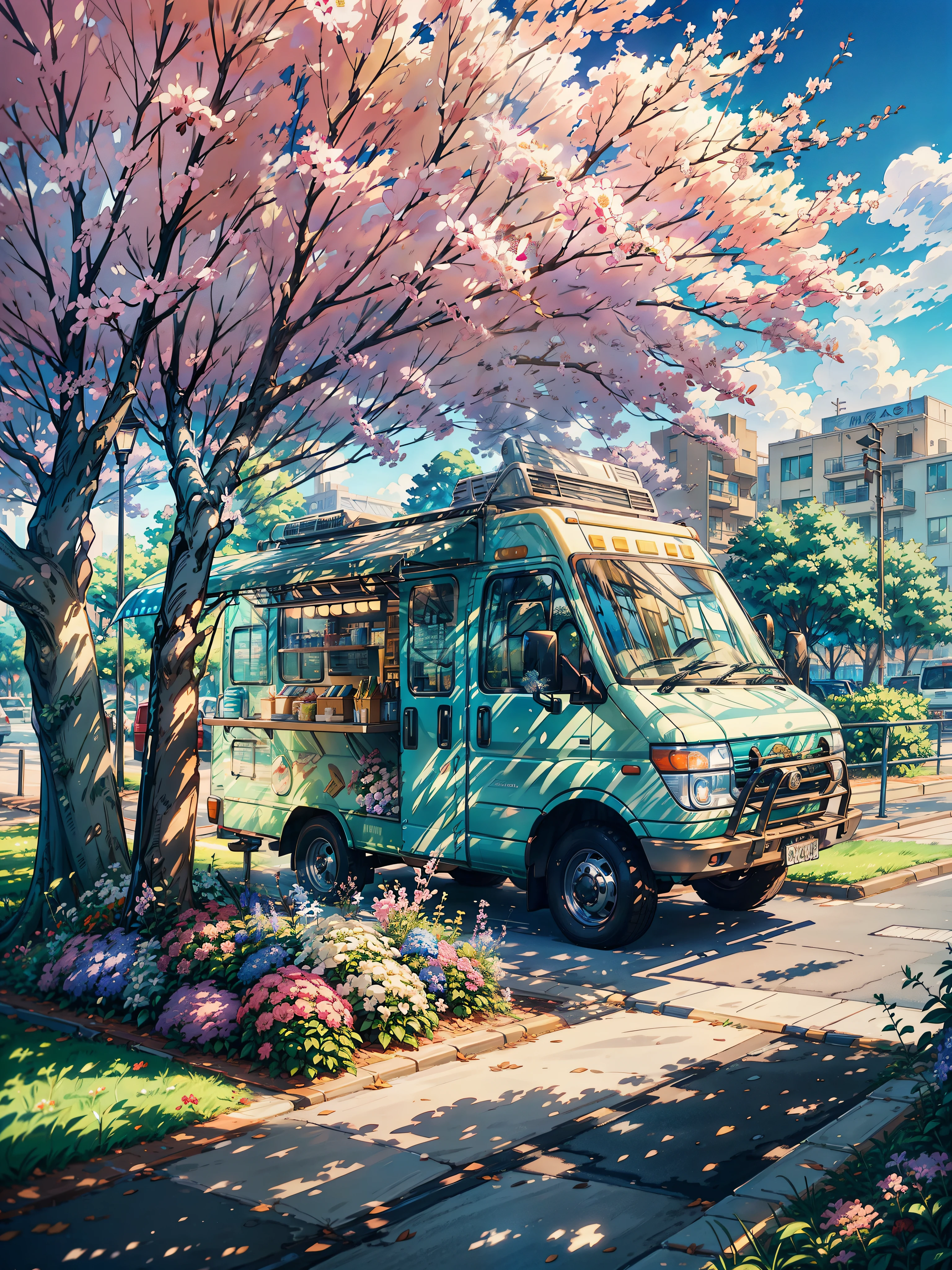 木の下に駐車しているフードトラックの絵, 色とりどりの花, Makoto Shinkai and (カイン・クーガ), Makoto Shinkai. 細部までこだわった, by makoto shinkai, by makoto shinkai, アニメ. by makoto shinkai, ( ( Makoto Shinkai ) ), style of Makoto Shinkai, ジブリスタジオスタイル, カシャート, ジブリ映画