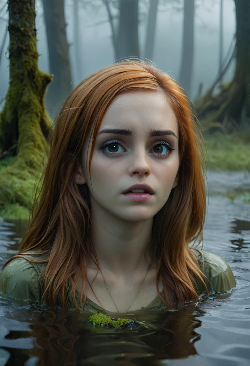 A  hot girl, drown in a swamp in a chest,illustartion, (Best Quality,4k,8K,hight resolution,Masterpiece:1.2),Ultra-detailed,(Realistic,photoRealistic,photo-Realistic:1.37),Horror,dark and gloomy atmosphere with dramatic lighting, Vivid colors, Foggy surroundings, the trees, covered with moss, detailed facial expression, long straight hair in the water, Reflections on the surface of the water, Eerie fog. Jeans