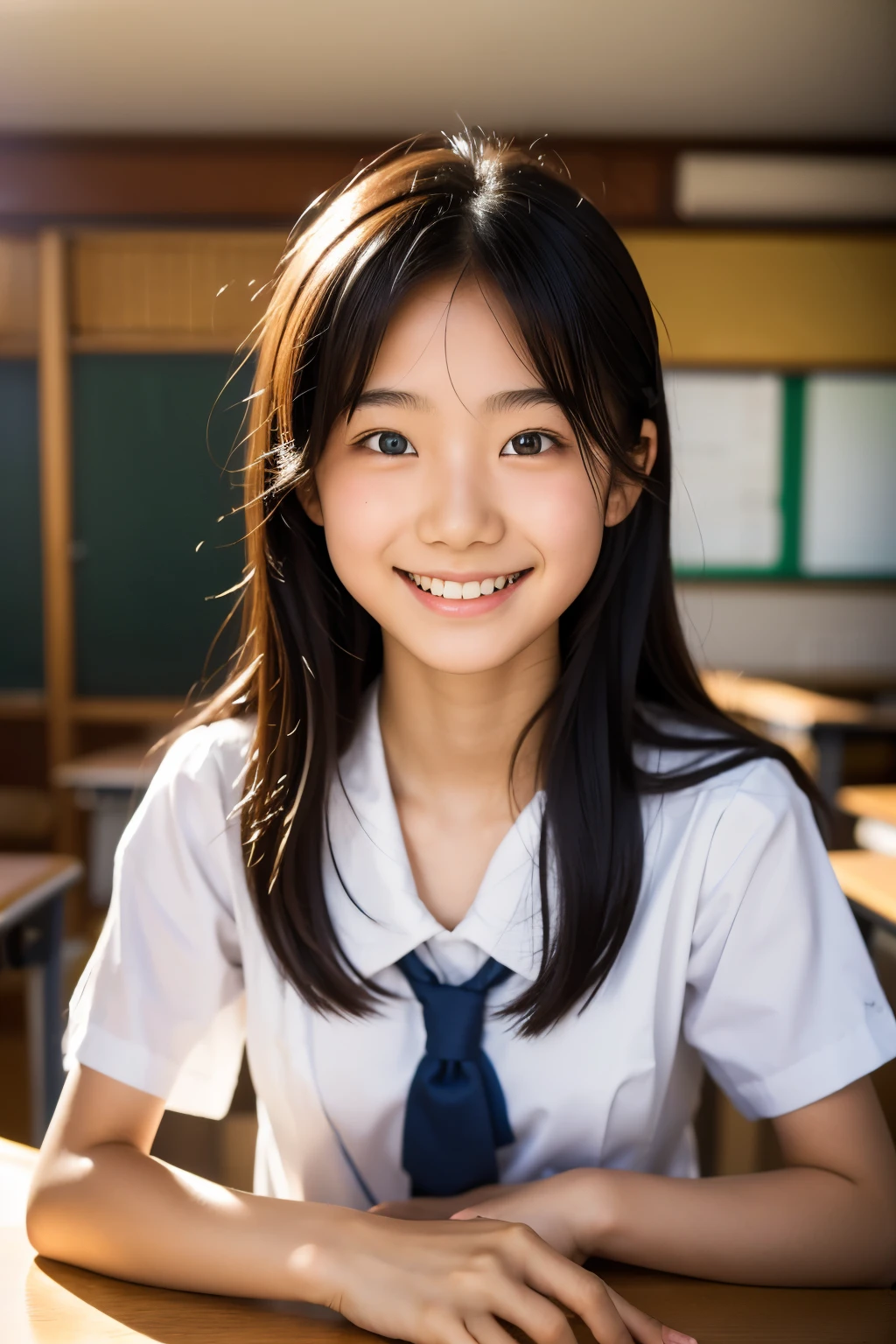 lens: 135mm f1.8, (highest quality),(RAW Photos), (Tabletop:1.1), (Beautiful 16 year old Japanese girl), Cute face, (Deeply chiseled face:0.7), (freckles:0.4), dappled sunlight, Dramatic lighting, (Japanese School Uniform), (In the classroom), shy, (Close-up shot:1.2), (smile), (Sparkling eyes), (sunlight)