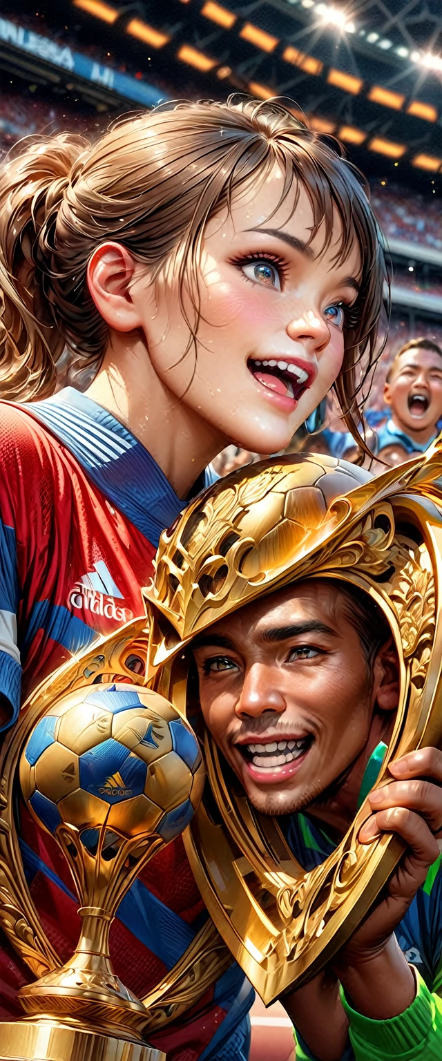 hands holding a popular sports magazine with a close-up of a golden trophy, soccer, and a stadium filled with excited spectators, (best quality, high-res, ultra-detailed), (realistic, vivid colors), portraits, glossy finish, intense lighting