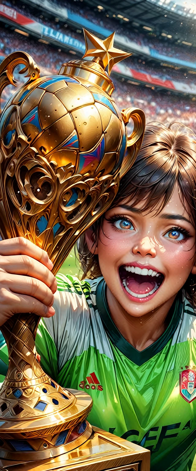 hands holding a popular sports magazine with a close-up of a golden trophy, soccer, and a stadium filled with excited spectators, (best quality, high-res, ultra-detailed), (realistic, vivid colors), portraits, glossy finish, intense lighting