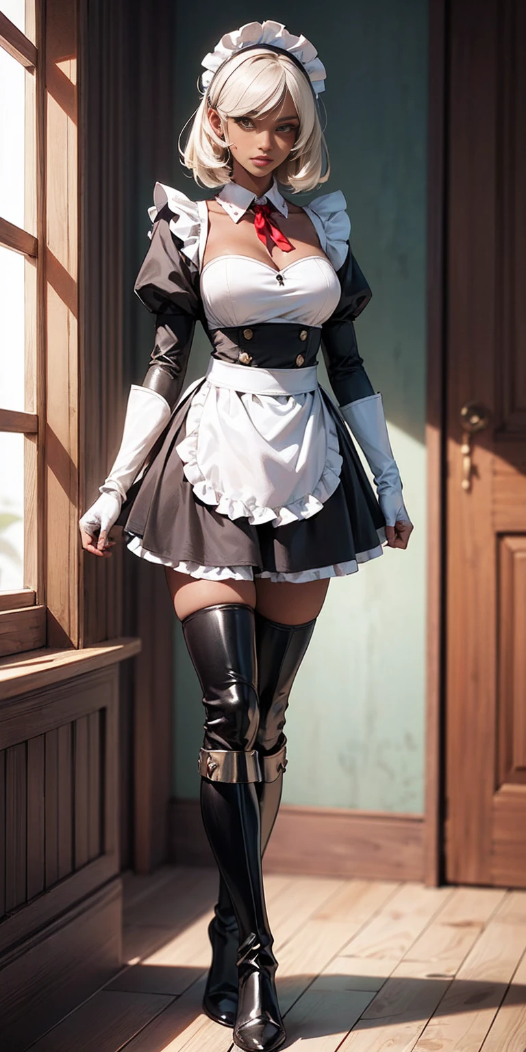 Full body standing straight symmetrical (mature female:1.4) (masterpiece, best quality) (maid, maid headdress, maid apron) indoors, window, best quality, high quality, dark black SKIN. Long messy hair, yellow eyes, full body, def_effie, blue breastplate, looking at viewer, shiny armor, thigh highs, high boots, shoulder armor, faulds, poleyn, red gloves gauntlets