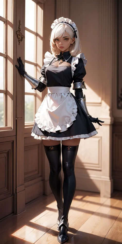 Full body standing straight symmetrical (mature female:1.4) (masterpiece, best quality) (maid, maid headdress, maid apron) indoo...