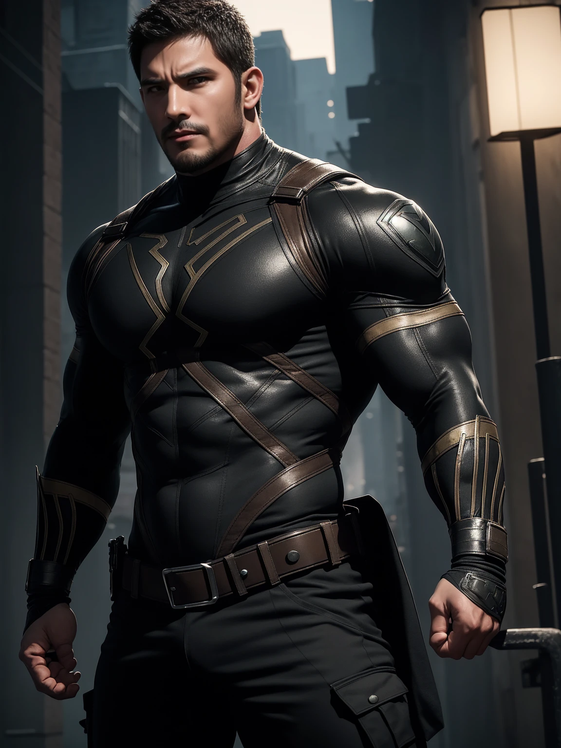 One Tall giant muscular police officer,  On the old-style outdoor streets, Wearing long-sleeved brown superhero Black Panther bodysuit, Elastic spandex material，The expression is arrogant, Lift your chin, Messy hair, Thick thighs, Brown Superhero Bodysuit with Turtleneck and Long Sleeves, very tight, Regular symmetrical pattern, Highlight muscles, Police uniform pants, character concept（Resident Evil - Chris Redfield, Chris Redfield）A proud expression, Deep and charming eyes, Heroic male pose, tall Burly, muscular！muscular thighs, tough guy, perfect facial features, High, Burly, Heqiang, Super polished and cool, High Resolution Committee, Charismatic, The sun is blazing, dazzling