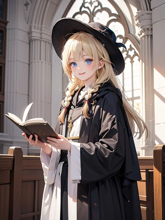 masterpiece, highest quality, Very detailed, 16k, Ultra-high resolution, Cowboy Shot, One 14-year-old girl, Detailed face, smile, Perfect Fingers, blue eyes, Blonde, Braid, The figure of the wizard, Long pointed hat, Long black robe, temple, Cathedral, Have scriptures