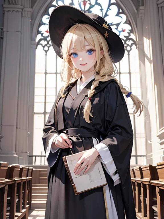 masterpiece, highest quality, Very detailed, 16k, Ultra-high resolution, Cowboy Shot, One 14-year-old girl, Detailed face, smile, Perfect Fingers, blue eyes, Blonde, Braid, The figure of the wizard, Long pointed hat, Long black robe, temple, Cathedral, Have scriptures