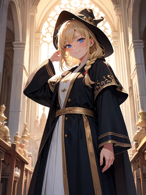 masterpiece, highest quality, Very detailed, 16k, Ultra-high resolution, Cowboy Shot, One 14-year-old girl, Detailed face, smile, Perfect Fingers, blue eyes, Blonde, Braid, The figure of the wizard, Long pointed hat, Long black robe, temple, Cathedral, Have scriptures