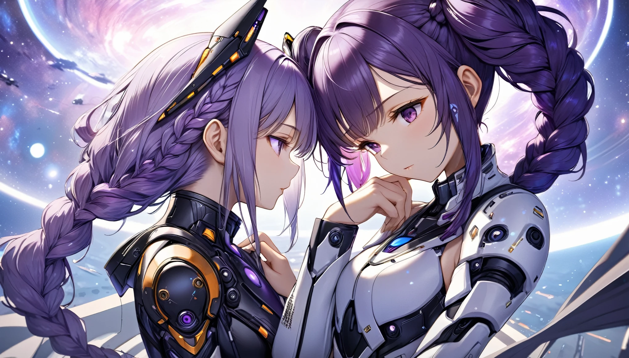 best quality, super fine, 16k, incredibly absurdres, extremely detailed, delicate and dynamic, cool and beautiful cyber warrior, (white to purple gradient long hair, braided low twin tails:1.2), two people fighting, background galaxy far away