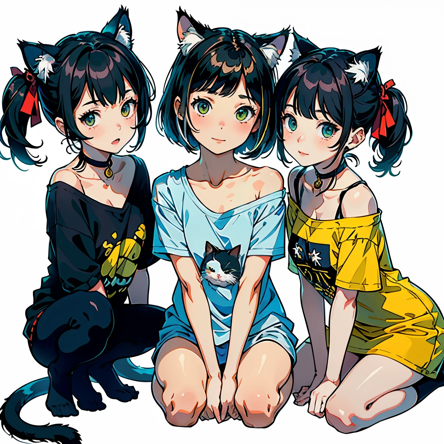 (highest quality, masterpiece, High resolution)、(anime art)、,cinematic light、soft light、(two girls)、black hair、(Tabby cat costume)、Striped cat costume、Persian cat costume、Three-color cat costume、(loose t-shirt)、Loose shirt、off shoulder、Sexy mini dress、Cat ear、bob cut、semi-long、bun hair、hair ornaments、choker、enchanting smile、small breasts、(cat pose)、(Playing)、(acrobatics)、Cat jarashi、((white background))、