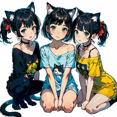 (highest quality, masterpiece, high resolution)、(anime art)、,cinematic light、soft light、(two girls)、black hair、(tabby cat costum...