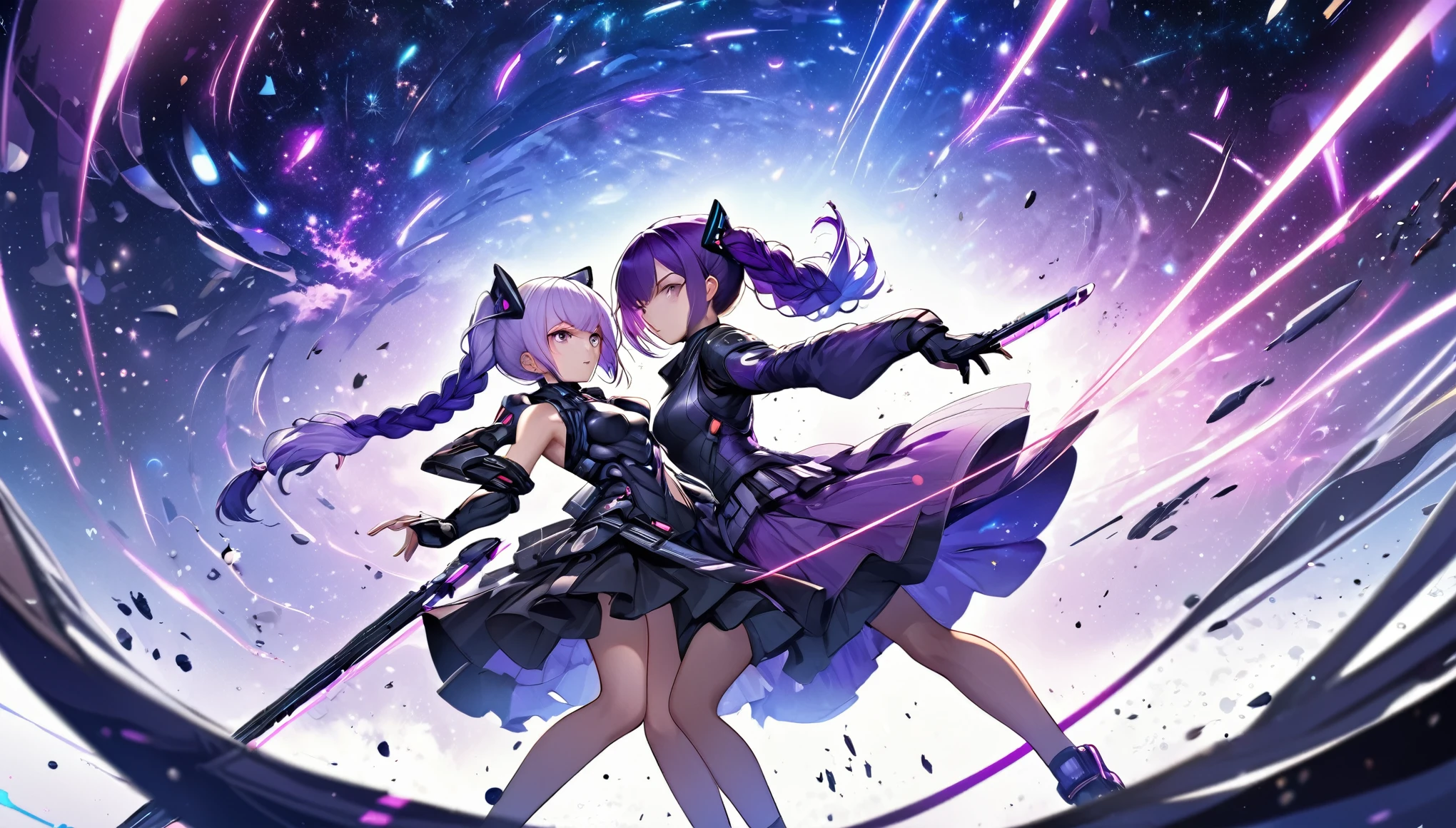 best quality, super fine, 16k, incredibly absurdres, extremely detailed, delicate and dynamic, cool and beautiful cyber warrior, (white to purple gradient long hair, braided low twin tails:1.2), two people fighting, background galaxy far away