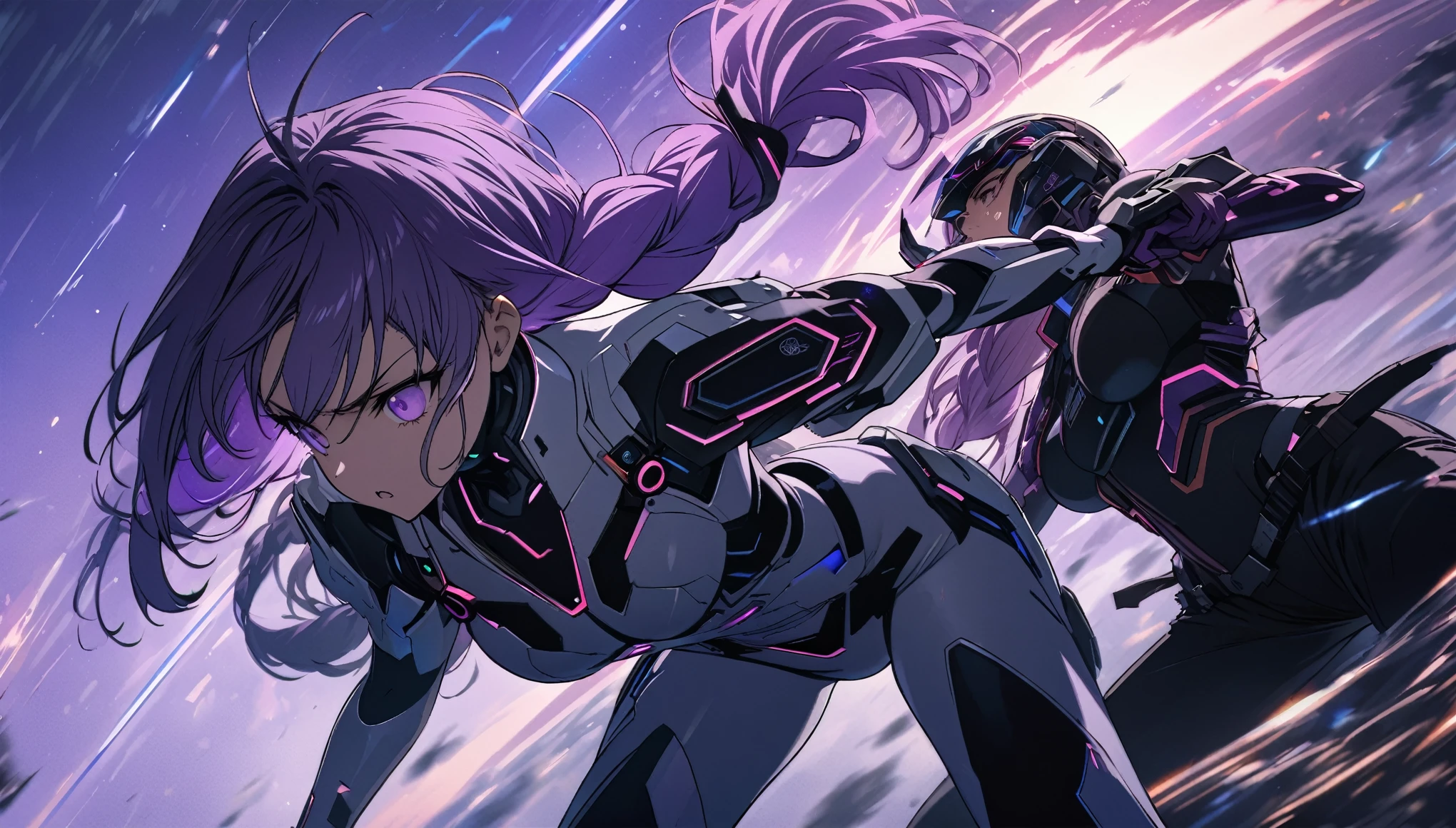 best quality, super fine, 16k, incredibly absurdres, extremely detailed, delicate and dynamic, cool and beautiful cyber warrior, (white to purple gradient long hair, braided low twin tails:1.2), two people fighting, background galaxy far away