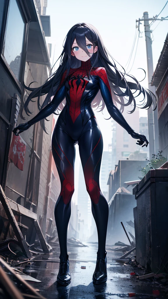 (full body),One girl,Standing in the ruins of a city,(8k),scratch,Detailed face,Dark blue eyes,Long Hair,Embarrassing,A small smile,expensive_resolution, expensive_meaning,battlefield,Brave pose,Dark colored suit,(Symbiote Spiderman Custom:1.1),