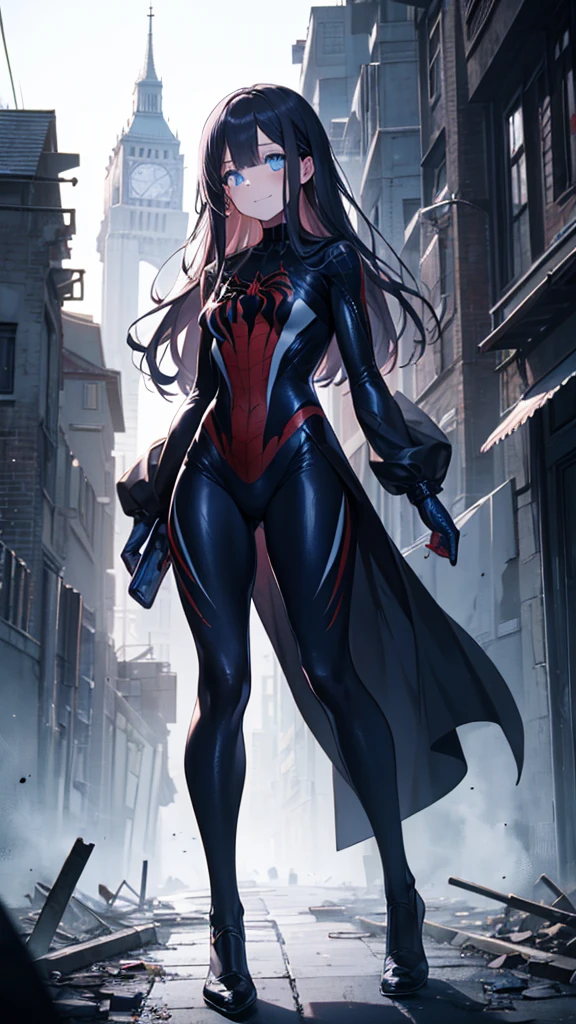 (full body),One girl,Standing in the ruins of a city,(8k),scratch,Detailed face,Dark blue eyes,Long Hair,Embarrassing,A small smile,expensive_resolution, expensive_meaning,battlefield,Brave pose,Dark colored suit,(Symbiote Spiderman Custom:1.1),