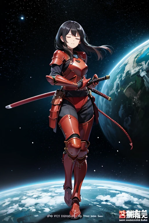 Anime Art,Full body portrait,Japanese-style space sci-fi warrior,A woman around 46 years old, around 170cm tall, wearing red armor, striking a iaido stance,Both eyes closed,Smiling,break,Long black hair,break,gloves,Arm guard,Leggers,A red cloth is wrapped around the head