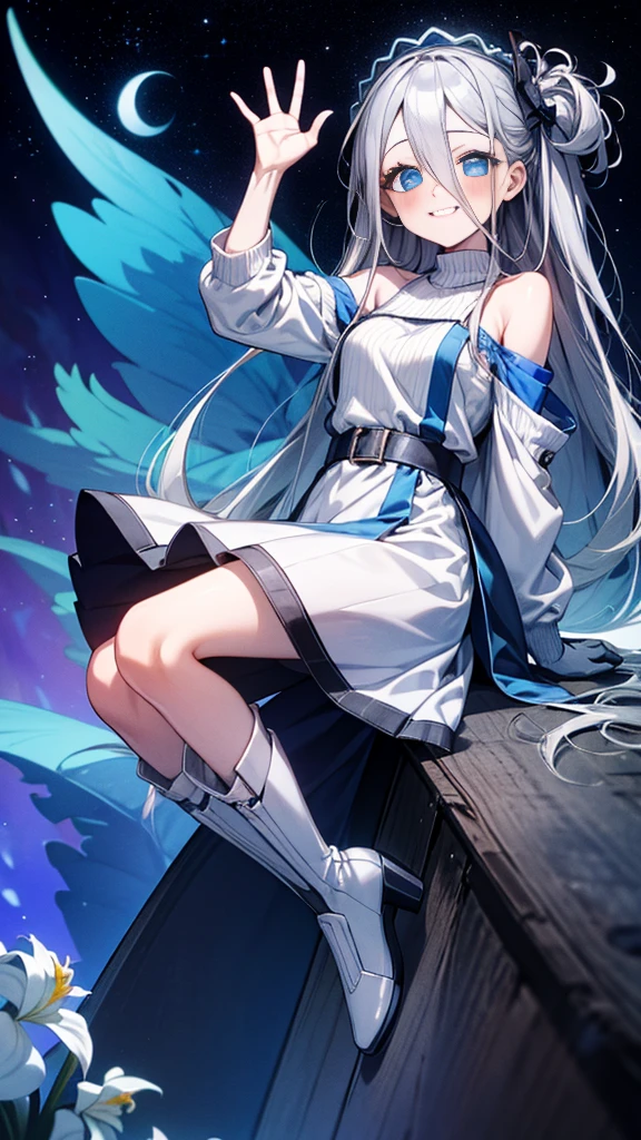 "(highest quality,High resolution:1.2), Cute Smile, Unusual Point of View, White sweater, Medium Shot, Separation Color, shoulder, Blushing, (Gray Hair), White gloves, White boots, blue iris"，star sky background，star