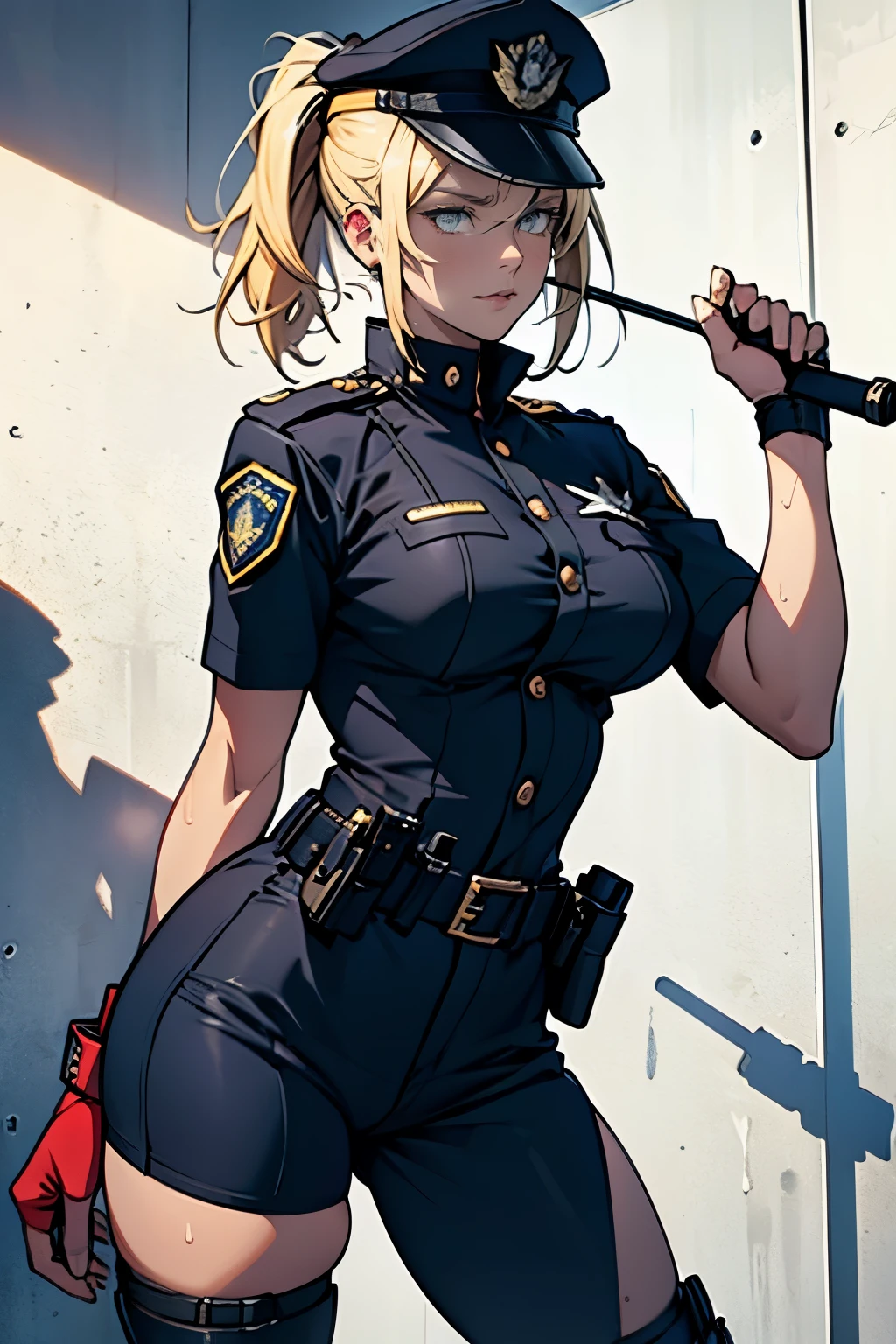 (High definition CG Unity 8k wallpaper). (masterpiece). (Highest quality). (Ultra definition). (Best illustration). (Best Shadow). (Absurd). Sweat. steam. stare. female police officer. She is 20 years old. Her hair is tied up. she is blonde. She is in uniform. Navy hot pants. She has a whip in her hand. She looked down. she has big breasts.