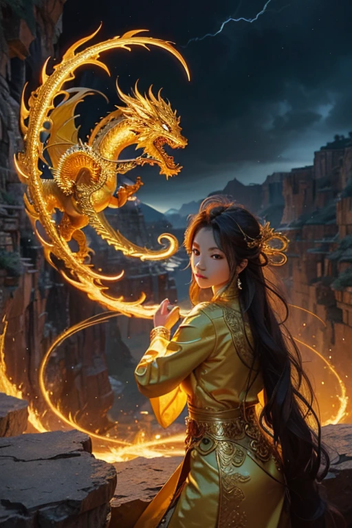 So sublime and divine々A beautiful golden dragon coiled up in the center of the screen, glaring at the camera.。The surrounding area is a canyon where no one can get close, and lightning is flashing in the background.、The sun is shining brightly