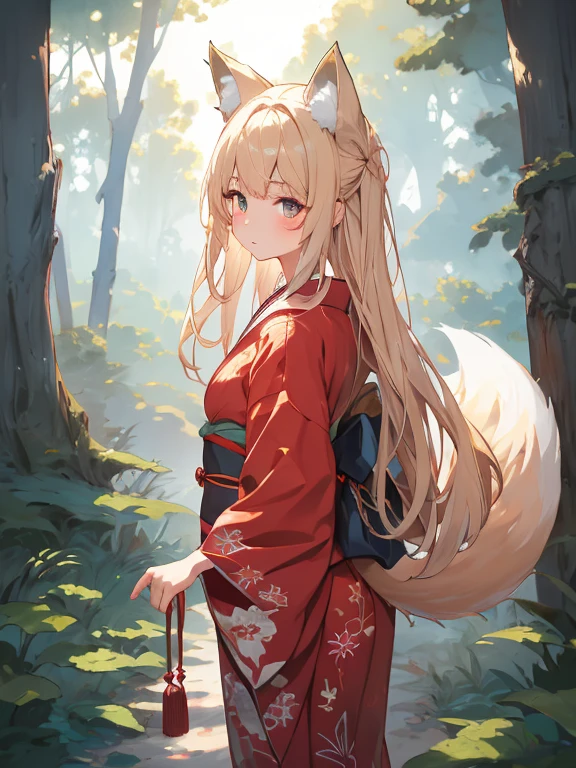 masterpiece, highest quality, Very detailed, 16k, Ultra-high resolution, Cowboy Shot, One 14-year-old girl, Detailed face, Perfect Fingers, Fox Ears, tail, Golden Eyes, Blonde, Long Hair, Red kimono, in the forest, During a walk