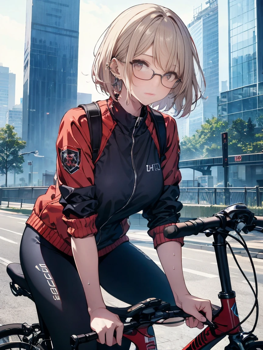 A short-haired girl wearing glasses and piercings is sweating and is resting while leaning forward after parking her cycling bike to the side, UHD, masterpiece, best quality